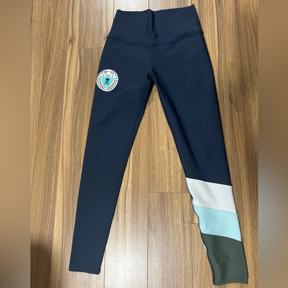 Soulcycle Leggings Asymmetrical Stripe Navy Multicolor Supportive Varsity S